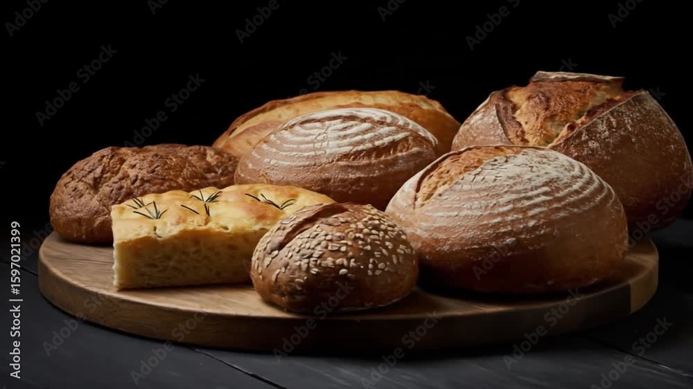 Assorted breads focaccia seeded roll  round loaves displayed on a wooden board against a dark background
