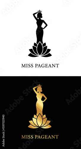 Silhouette of a beauty pageant contestant with a crown standing on a lotus flower, presented in black and gold variations.