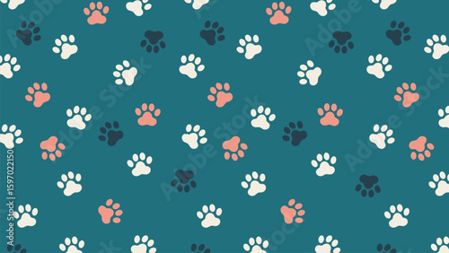 Seamless multi-color paw print pattern on dark teal. Playful pet background, great for fun animal designs