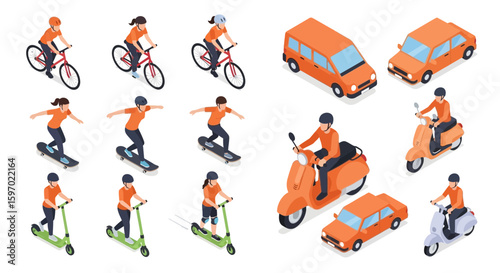 Isometric illustration of various transportation methods including bicycles, skateboards, scooters, cars, vans, and mopeds, all rendered in a bright, clean style.