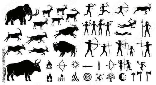 Silhouette illustrations depicting prehistoric life, including animals like mammoths, deer, bison, and ibex, along with cavemen hunting with bows and arrows, and symbolic elements.