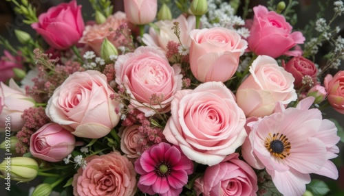 A Delicate Bouquet of Pink Roses and Blossoms