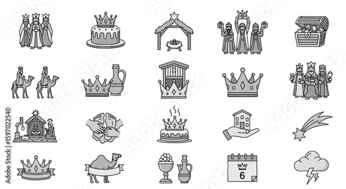 A collection of black and white icons depicting elements of the Nativity story, including the Three Kings, crowns, a manger, camels, and a comet.