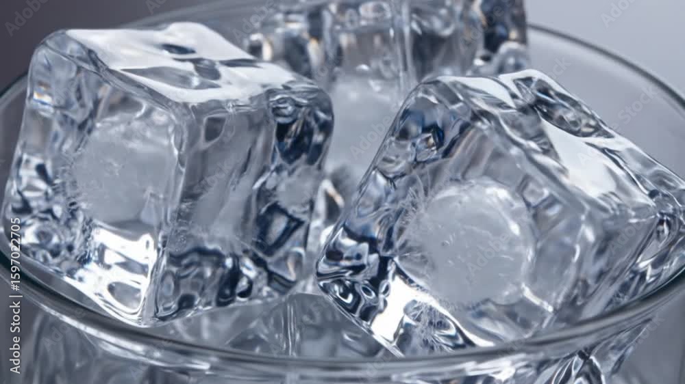 Closeup of ice cubes in a clear glass capturing their crystalline texture