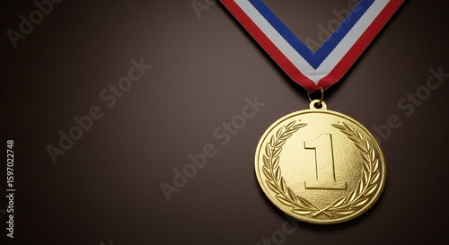 Gold medal with '1' in laurel design, suspended from red, white, and blue ribbon; prominent illumination highlights the medal’s shine against a dark gradient background.
