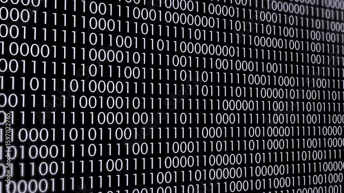 Binary code background with black and white digital numbers, abstract data stream for cybersecurity, programming, AI technology, hacking, encryption, futuristic software, and tech concepts.