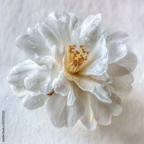 Delicate White Camellia Flower With Water Droplets