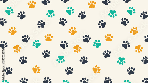 Playful seamless vector pattern featuring dark, blue-green, and orange paw prints on a light cream background. Great for pet and children's designs