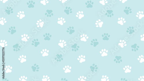 Serene seamless vector pattern with white and light blue paw prints on a soft, sky-blue background. Perfect for baby and pet designs