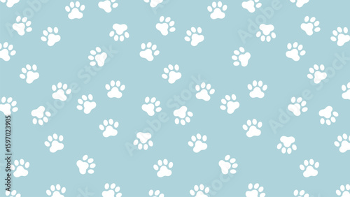 Soft blue background with a charming pattern of white paw prints. A sweet, seamless vector for pet, baby, and gentle designs