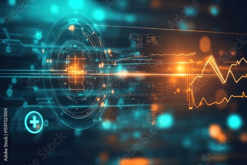 Futuristic medical interface with glowing data streams and a heartbeat line creates a high-tech feel, perfect for healthcare innovation and digital health concepts.