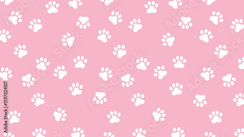 Sweet light pink background with a charming pattern of white paw prints. Cute, seamless vector for baby, pet, and feminine designs