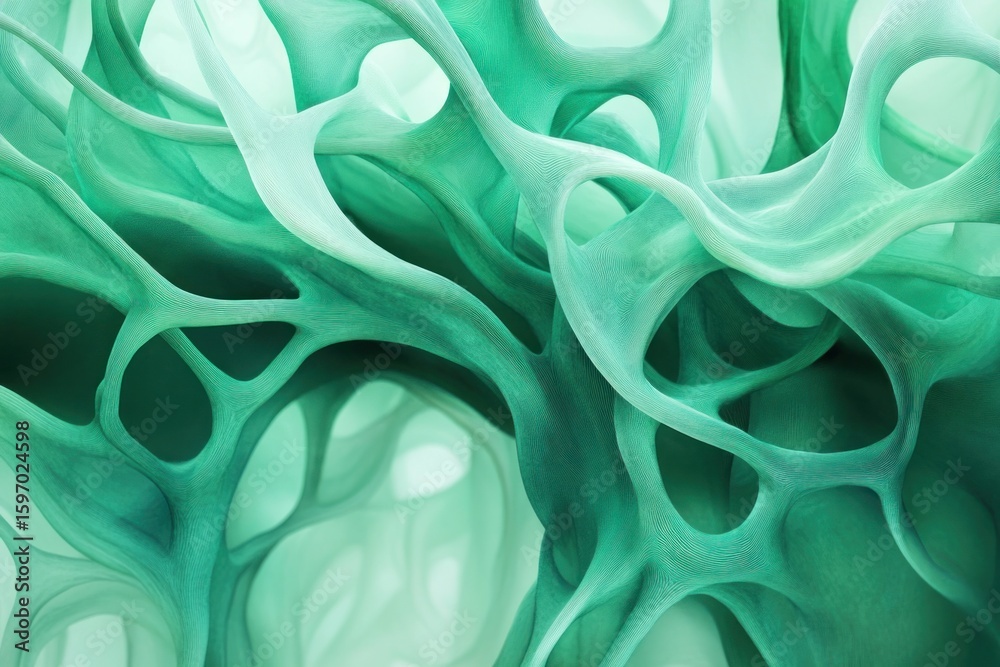 Obraz premium Delicate green abstract forms intertwine, creating a mesmerizing organic network with flowing lines and subtle textures, perfect for backgrounds and artistic projects.