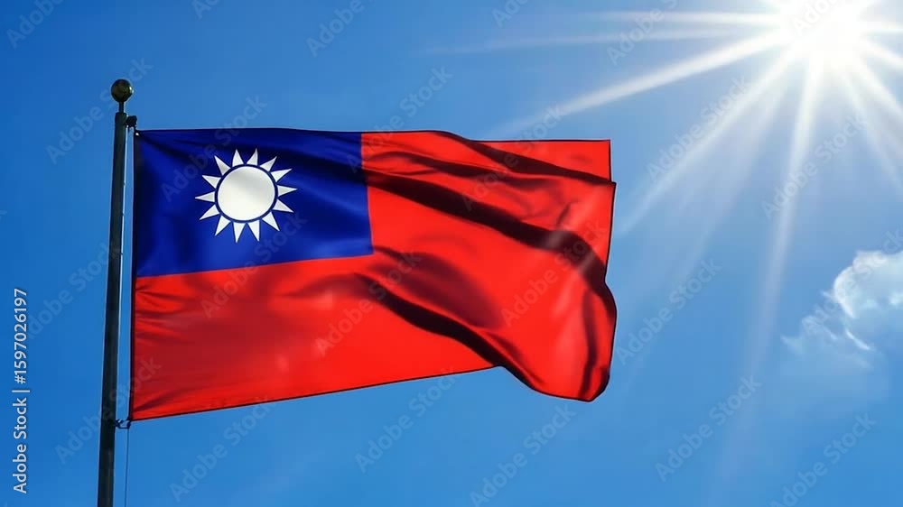 Taiwan National Flag Republic of China Blue Sky Waving Daylight Scene