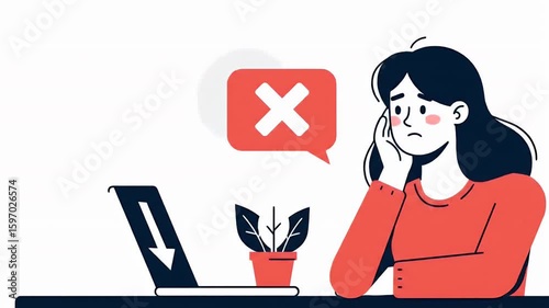 Frustrated Woman with Laptop Error Message in Flat Design Illustration