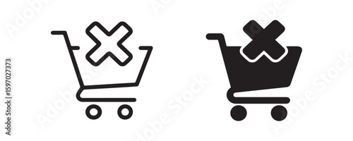 Shopping cart with cross Icon for removing items outline and silhouette