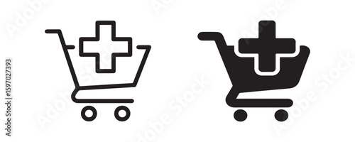 Shopping cart with plus icon in outline and silhouette  style representing adding items to cart