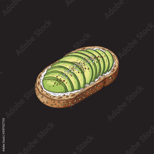Illustration of avocado toast on a slice of bread, seasoned and ready to eat.