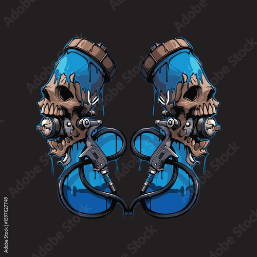 Symmetrical vector illustration of two skull-shaped spray paint guns with blue drips, mechanical details, and black hoses against a dark gray background.