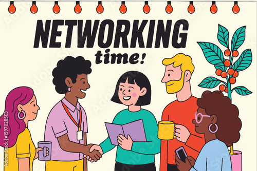 hand-drawn illustration of people with different ethnicity  having conversation in a work meeting. social group of people networking in friendly inclusive environment. graphic design poster style