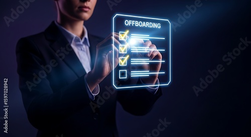 Employee offboarding concept. An HR professional checks off the last item on a simple, holographic exit checklist for a departing employee.