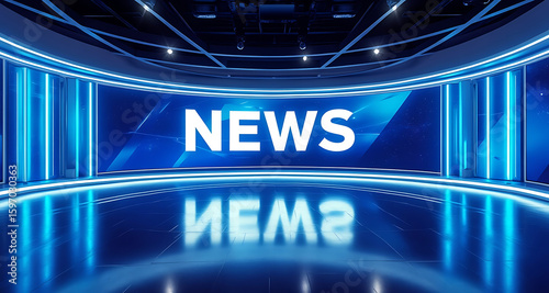 Modern futuristic news studio with neon lights and reflection