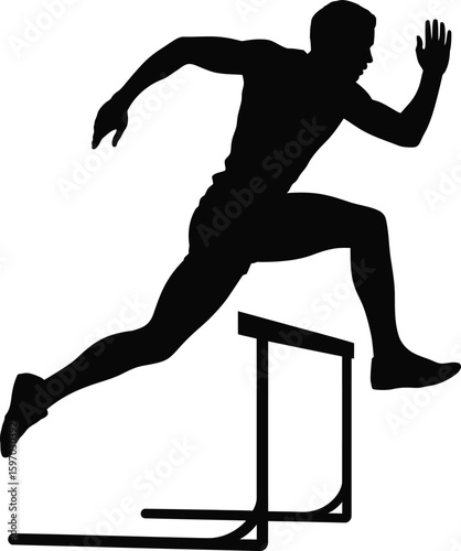 Hurdle Runner Silhouette Vector of Athlete Jumping Over Track Barrier with Transparent Background.