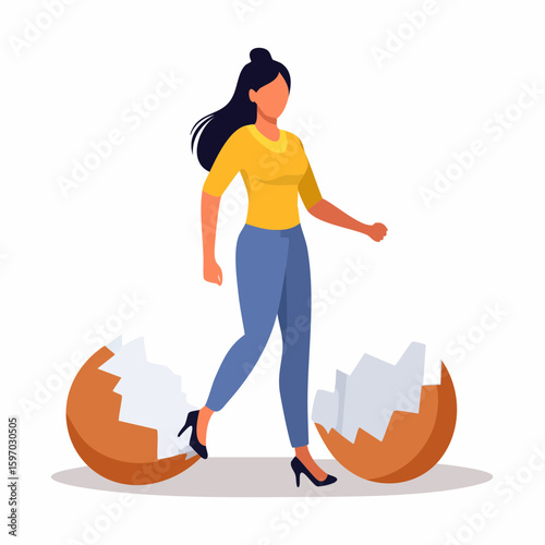 Person walking across eggshells, visual idiom representing extreme caution and emotional sensitivity in vector form.