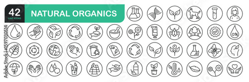 Set Of Natural Organics Line Icons. Contains such icons as GMO Free, Safe For Children, Non Toxic, For All Skin Type, Alcohol Free, Natural Fragrance, and more.