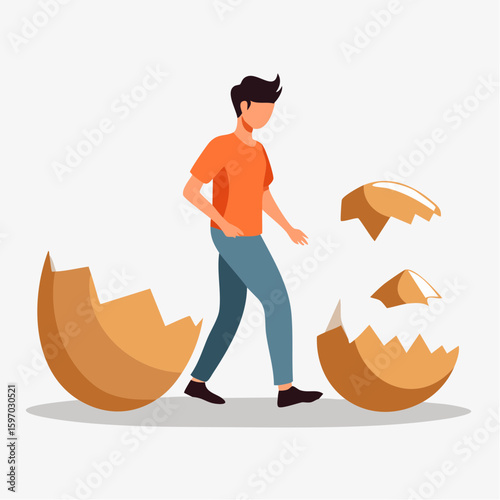 Person walking across eggshells, visual idiom representing extreme caution and emotional sensitivity in vector form.