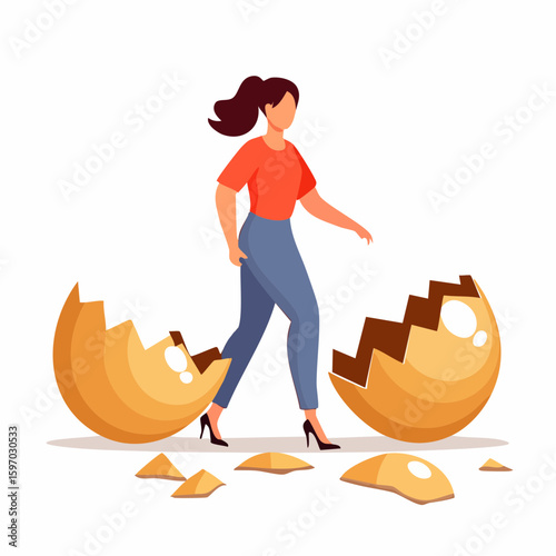 Person walking across eggshells, visual idiom representing extreme caution and emotional sensitivity in vector form.