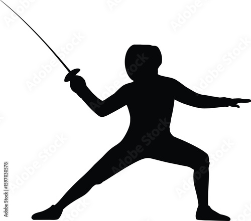 Fencer Silhouette Vector of Sword Fighter in Defensive Combat Pose with Transparent Background.