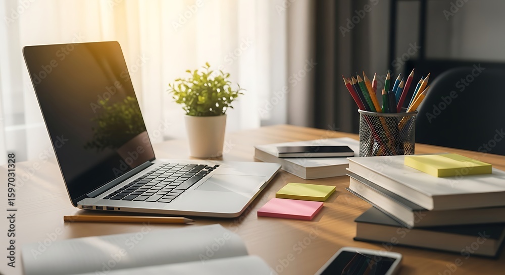 Fototapeta premium Workspace Serenity Laptop, Stationery, and Plant on a Wooden Desk for Productive Work Sessions