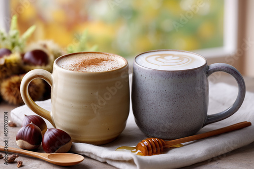 Two ceramic mugs of creamy chestnut latte with cinnamon dusting and honey stick, cozy autumn concept with warm natural light for seasonal drink promotion