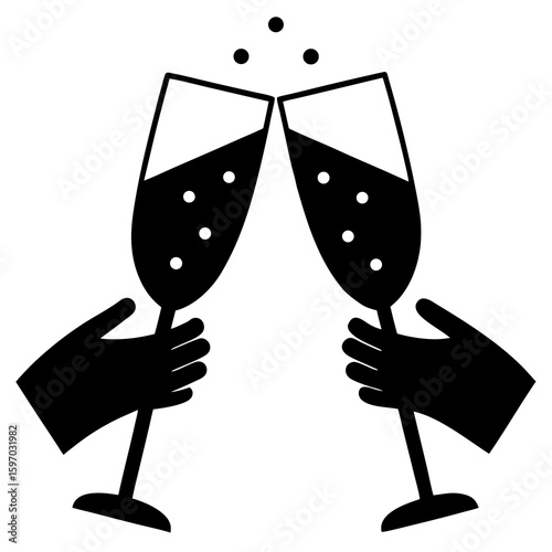 Two hands toasting with champagne glasses in black and white illustration