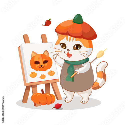 Vector art of a cat is painting a pumpkin on a canvas, isolated on white background