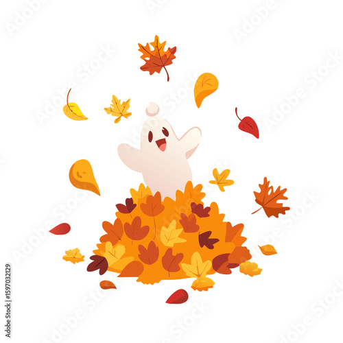 Vector art of a cute ghost plays in a pile of autumn leaves, isolated on white background