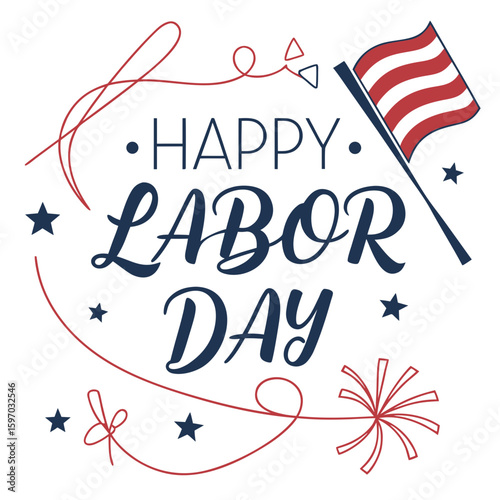 Festive Happy Labor Day Typography with American Flag and Stars.