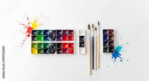 Art Supplies on Wooden Table Watercolor Palette, Brushes, and Paper Outdoors