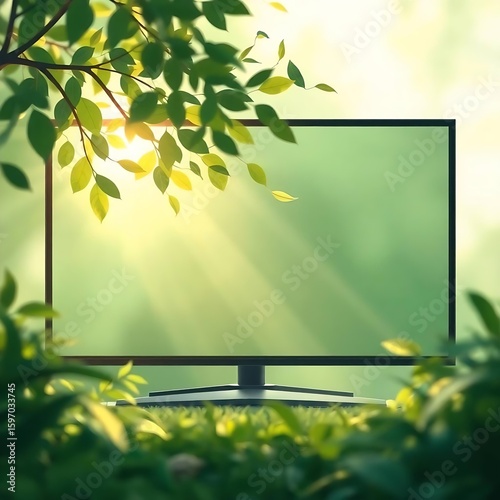 Eco-Friendly Green Screen Monitor Surrounded by Nature Sunlight and Leaves