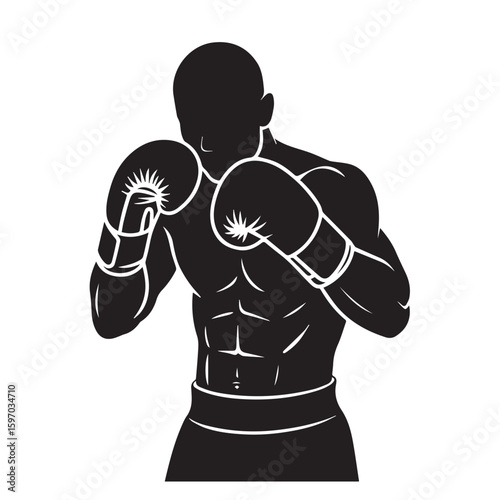 black boxer silhouette, boxing stance, ready to fight clip art preview