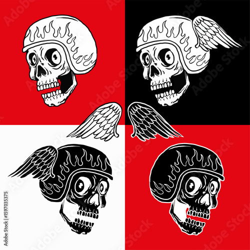 Skull Rider Man Face bikers retro. Vintage Tattoo Helmet Motorcycle. Pack illustration