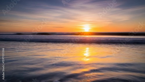 Vibrant Sunset at Sandy Beach Ocean Waves Tranquil Reflection Golden Light