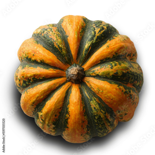 Top view of a fresh, round orange pumpkin with a visible stem, isolated cleanly on a transparent background.  