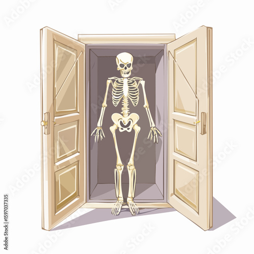 Skeleton inside a closet, symbolizing dark secrets and hidden truths in metaphorical idiom vector style.