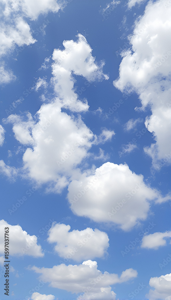 Obraz premium A vibrant azure sky filled with fluffy cumulus clouds. It conveys a sense of spaciousness, freedom, and the beauty of nature.