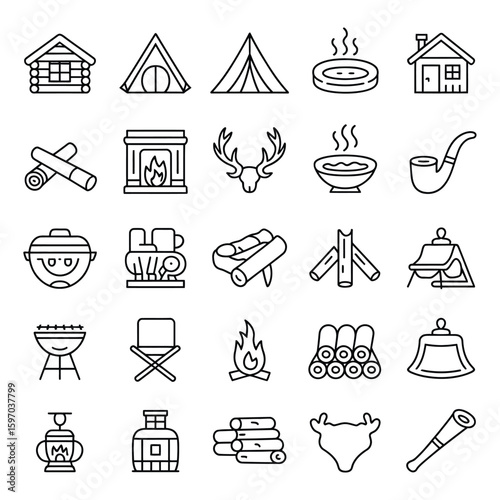 Camping and Outdoor Recreation Icon Set in Black Outlines