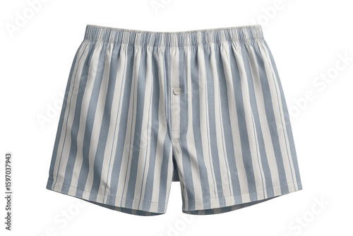 Light blue and white striped boxer shorts isolated on a transparent background, perfect for showcasing designs or adding a touch of comfort to any project