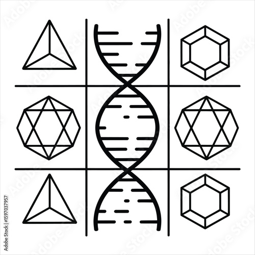 Geometric Shapes and D N A Strand in a Grid helix genetic