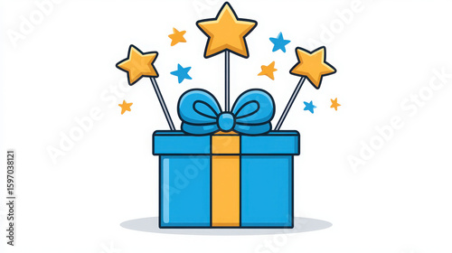 Blue gift box with golden ribbon and stars bursting out, perfect for celebrations, parties, and surprise events, capturing joy and excitement in artistry.